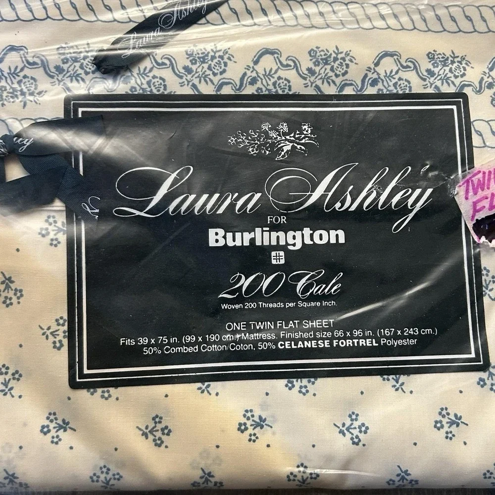 Vtg Laura Ashley Burlington 200 Threads Luxury Linen Twin Flat Sheet Blue Floral